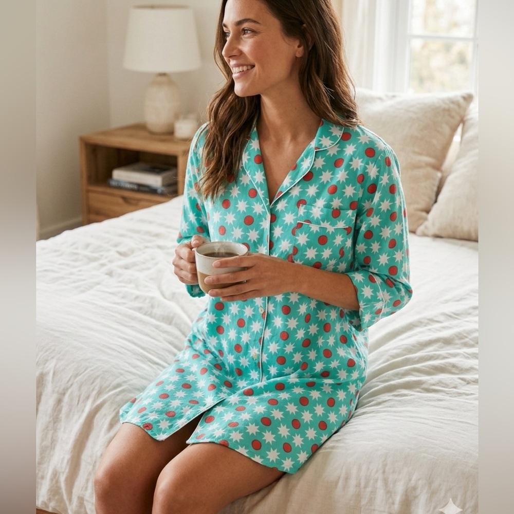 Printfresh Pajama Nightgown Aqua Organic Cotton Pockets XS Relaxed‎ Fit